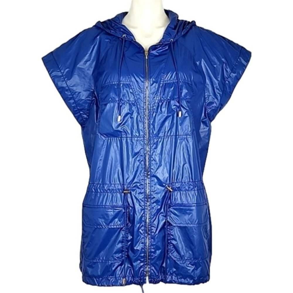 Tory Burch Women's Blue Capped Sleeves Hooded Windbreaker Jacket Pockets Large